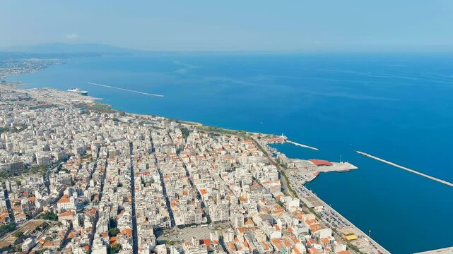 Patras, Greece. Central part of the city in summer. Sunny day. Drone footage