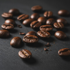 Fototapeta premium Roasted coffee beans scattered on dark textured surface with visible cracks and crumbs
