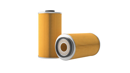 Two industrial pleated paper filter cartridges shown against a stark for automotive or machinery use