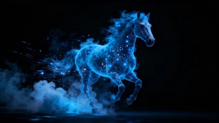 A luminous blue horse gallops dynamically its form composed of sparkling particles and surrounded by swirling mist against a dark backdrop.