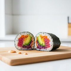 Fresh sushi burrito cut in half showing colorful fillings on wooden board with clean kitchen background