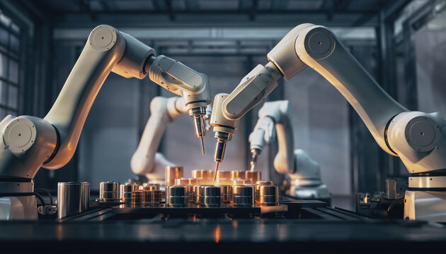 Autonomous robotic arms manufacturing components in a high-tech factory setting.
