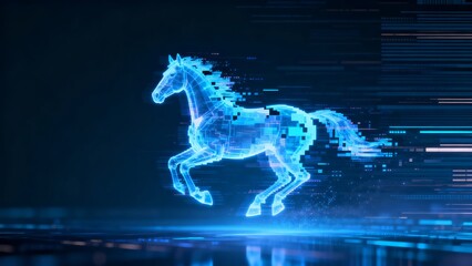 A digital horse in motion rendered with glitch effects and illuminated by blue light against a dark background.