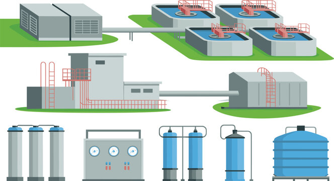 Flat vector water treatment plant components illustration showing filtration tanks pipelines control system wastewater purification infrastructure process