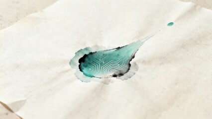 A close-up of a teal ink blot on textured paper showcasing intricate patterns and fluid spread.