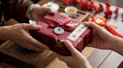 Hands exchanging traditional chinese gift box with tea