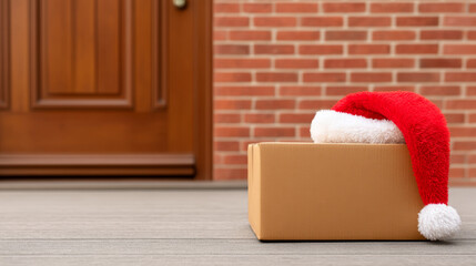 Parcel with red Santa hat on top placed on wooden porch in front of brick wall and wooden door, festive holiday delivery concept, cheerful and warm atmosphere