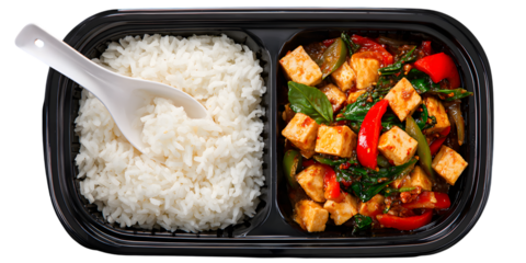 Healthy tofu stir fry with white rice isolated on white background