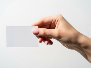 Hand holding a blank white business card isolated on white background