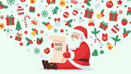 Illustration of Santa Claus sitting with a Nice List scroll surrounded by festive Christmas Day decorations and icons in a playful digital artwork.