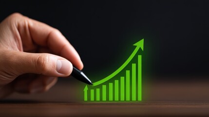 Person&rsquo;s hand, environmental conservation strategy report, Advancing Carbon Progress: Professional Hand with Green Arrow and Graph Projection