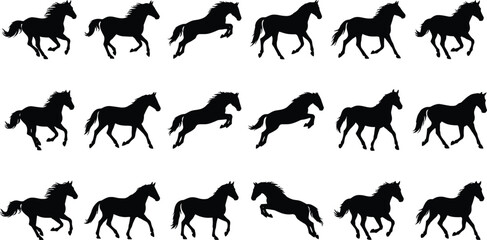 Collection of various running and jumping horse silhouettes, illustrating different gait and poses for equestrian, racing, and farm animal graphic design projects, in flat vector format