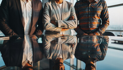 Business meeting with three professionals, standing around a reflective table.
