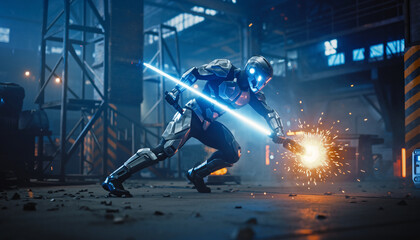Futuristic robotic warrior wielding a glowing blue sword and firing sparks in an industrial setting.