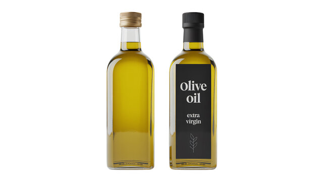 Two glass bottles of golden extra virgin olive oil mockup showcasing premium gourmet food product packaging design
