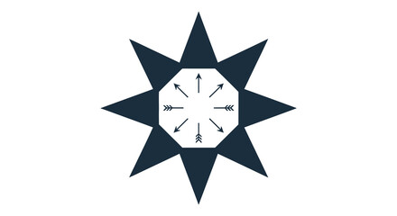 A dark blue eight pointed star symbol with arrows pointing inwards a striking silhouette