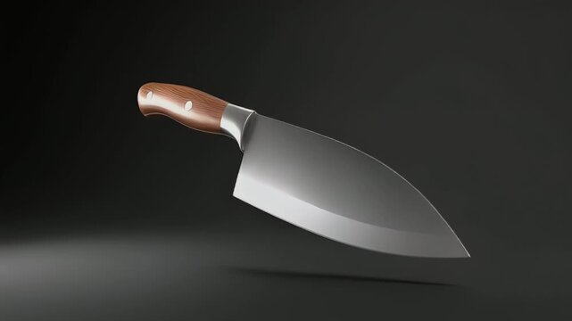 A sharp, professional chef's cleaver knife with a wooden handle, floating against a dark, minimalist background, ready for culinary tasks.