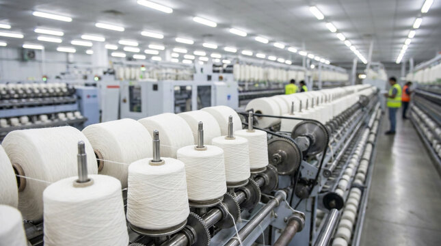 Rows of white yarn spools on automated textile machines in a busy factory, showing industrial cotton spinning and modern production process