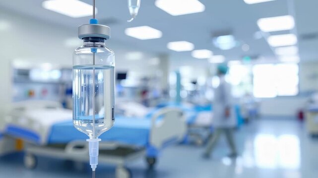 Intravenous drip hospital bed medical equipment healthcare sterile emergency pandemic preparedness treatment patient care bright hospital room with IV drip focus, blurred ward background