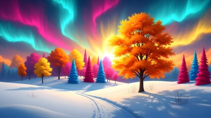 Vibrant winter landscape with colorful trees and aurora borealis in the sky at sunset or sunrise with snow on the ground and trees