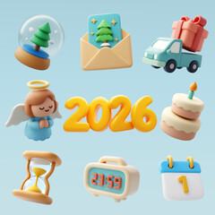 3D Vector Happy New Year 2026 Holiday Icon Set Illustration