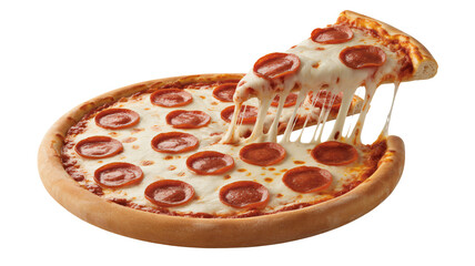 Delicious pepperoni pizza slice being lifted showing extreme cheese pull against a