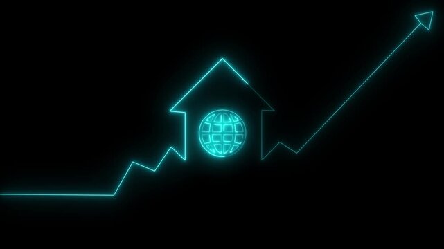 4k video. Home icon house sign neon lights animation with up arrow earth globe icon. Neon House, home building animation. Neon home business graph icon animation. Globe symbol icon animation World web