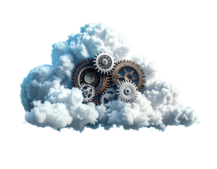 White fluffy cloud with gears embedded, against a stark black background