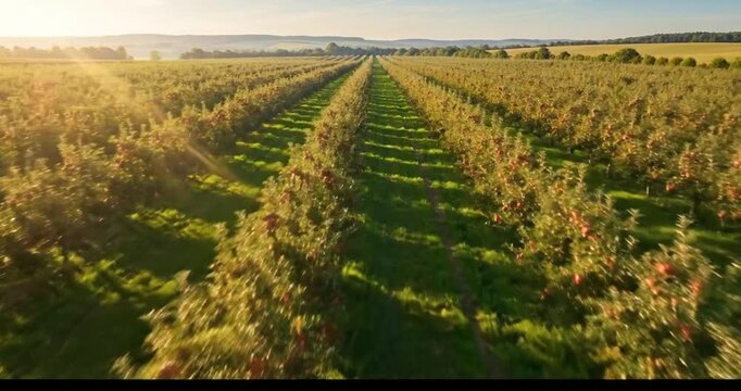 Aerial view of a vibrant apple orchard during sunset, showcasing rows of fruit-laden trees