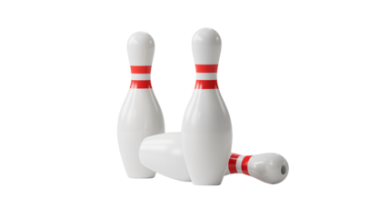 Three glossy white bowling pins with red stripes stand ready for a strike against a