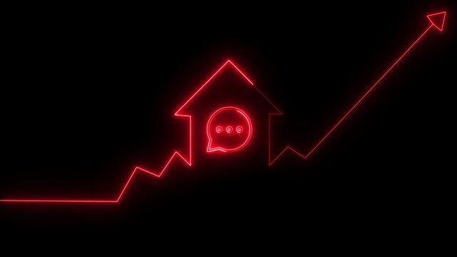 Home icon house sign neon lights animation with up arrow message icon. Neon House, home building animation. Neon home business graph icon animation message box animation icon conversation notice. 4k..