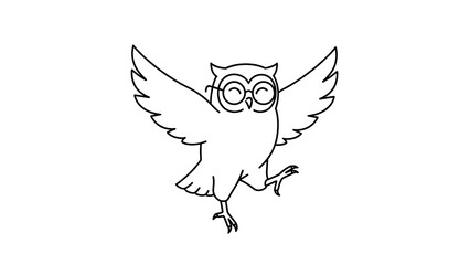 Obraz premium Owl Cartoon, Line Art, Flying Owl with Glasses, Vector Illustration
