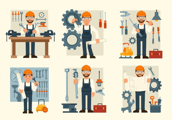 Construction workers with tools and blueprints in various work settings.