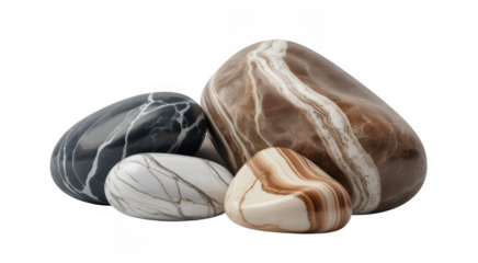 Polished stones with marble patterns isolated on a transparent background rocks smooth