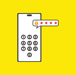 Vector illustration of a password lock screen interface for mobile phones, cell phones, and smartphones, featuring number buttons and a PIN code for phone security. Authentication code, technology.