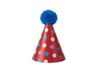 Red party hat with blue and white polka dots and blue pompom isolated on a transparent background