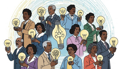 Diverse group of people holding glowing light bulbs standing together in unity and innovation with a sense of creativity and inspiration