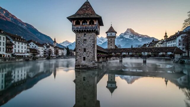 Stunning sunrise over Lucerne, Switzerland, showcasing the iconic Chapel Bridge and Water Tower with reflections on the calm river and majestic Alps.