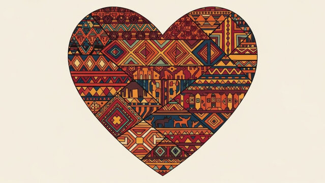 Vibrant heart shaped patchwork of colorful geometric patterns and designs on cream background