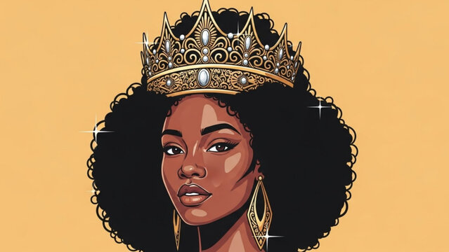 A beautiful black woman with an afro wearing a golden crown and earrings on a peach background looking confident and regal in a stylish illustration
