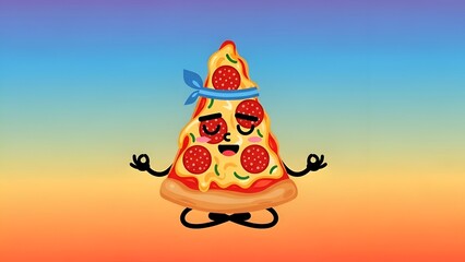 Pizza Meditation Cartoon, Food Mindfulness, Funny Illustration