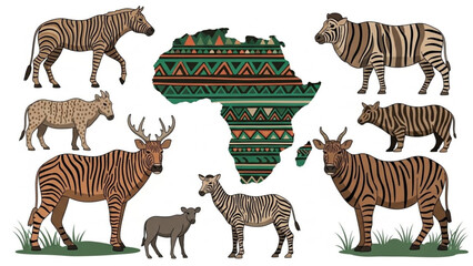 Obraz premium African wildlife animals including zebras, deer and antelope with decorative map of africa in background, showcasing safari inspired vector graphics