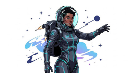 African american woman in futuristic spacesuit with blue accents and helmet reaching out in space with stars and planets
