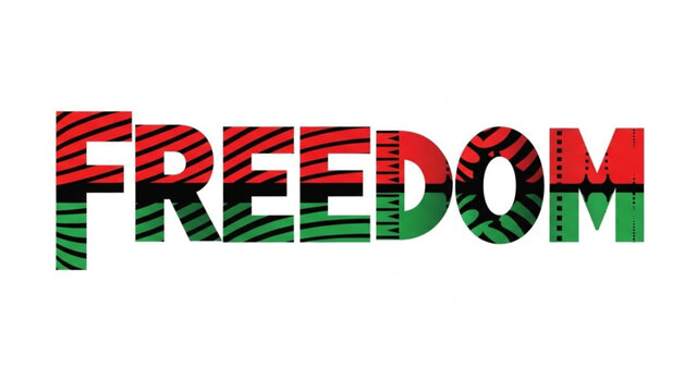 Vibrant freedom word art with red black and green stripes on white background