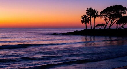 Tropical beach at sunset with palm tree silhouettes and purple ocean waves