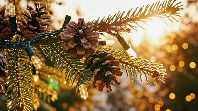 Golden hour sunlight intensely highlights a fresh fir tree branch decorated with rustic brown cones and shimmering warm white christmas lights outdoors morning, white, bright