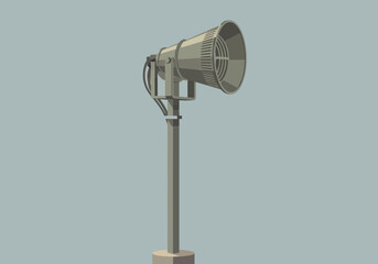 A metallic siren mounted on a pole with a speaker.