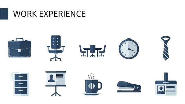 Graphic presentation slide titled WORK EXPERIENCE with ten dark blue office supply icons