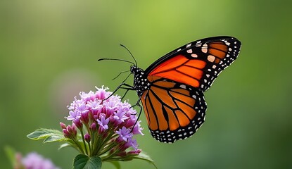 Fototapeta premium Majestic Monarch Butterfly Macro: Capturing the Vibrant Orange Wings and Delicate Legs While Pollinating Purple Flowers on a Soft, Lush Green Bokeh Backdrop.