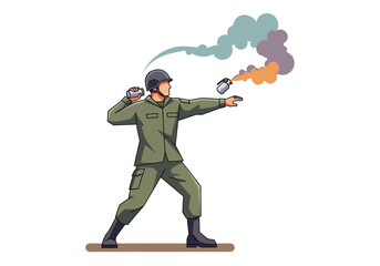 Obraz premium Soldier throwing a smoke grenade, emitting colorful smoke.